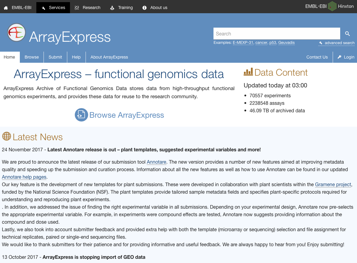 Screenshot of the ArrayExpress home page at https://www.ebi.ac.uk/arrayexpress/