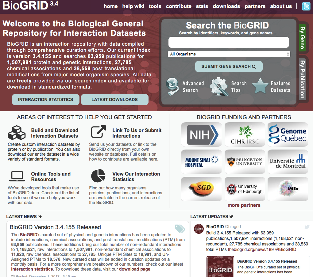 Screenshot of the BioGRID home page at https://thebiogrid.org.