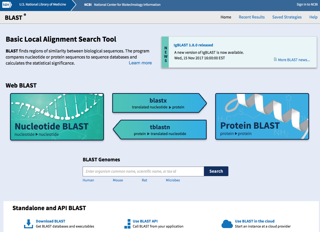 Screenshot of the Blast home page at https://blast.ncbi.nlm.nih.gov.