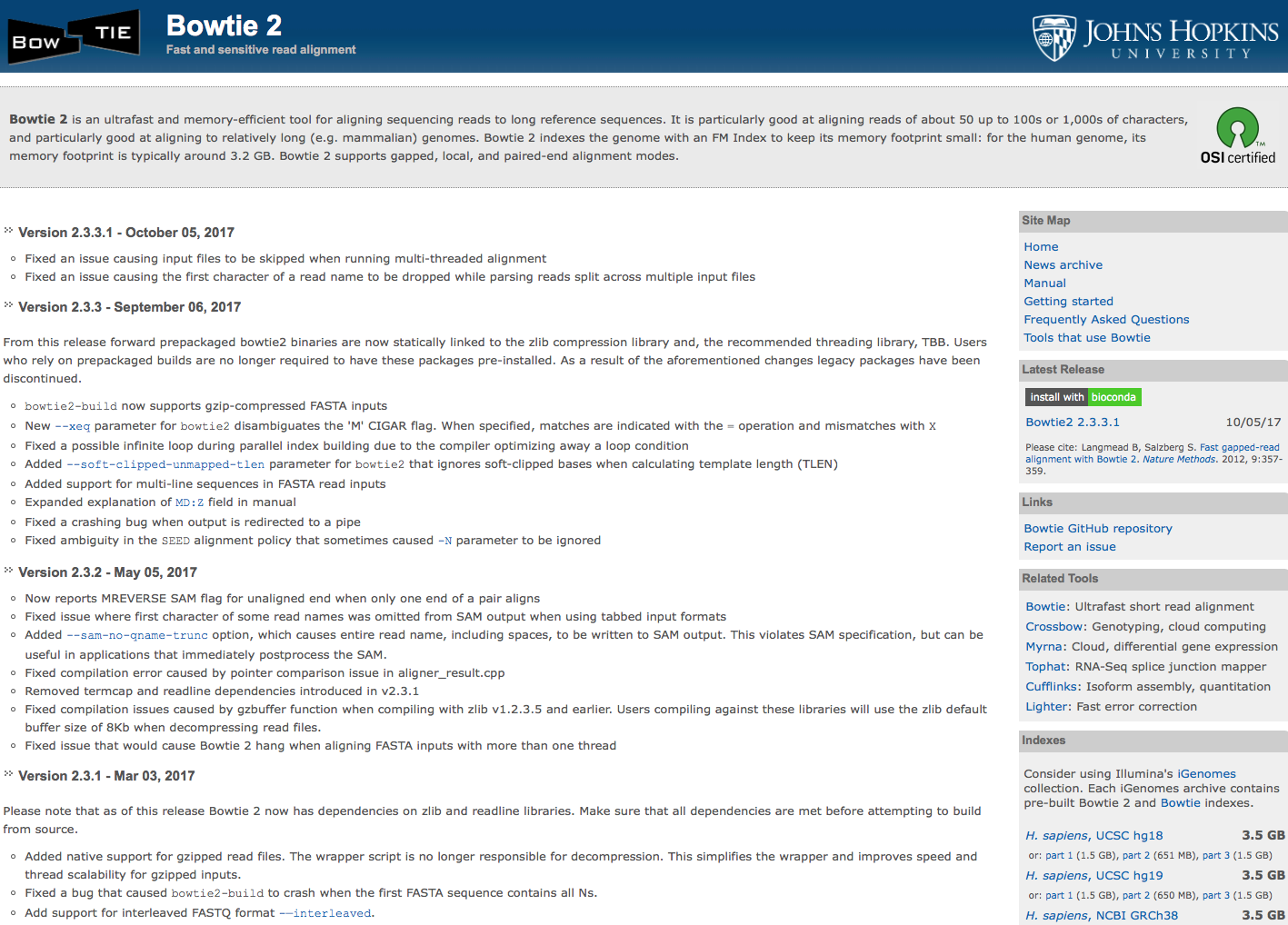 Screenshot of the Bowtie2 home page at http://bowtie-bio.sourceforge.net/bowtie2/index.shtml.