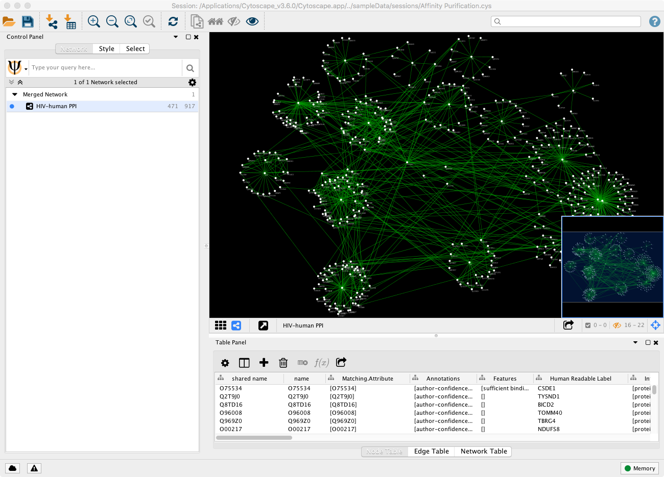 Screenshot of Cytoscape showing the HIV sample dataset http://www.cytoscape.org.