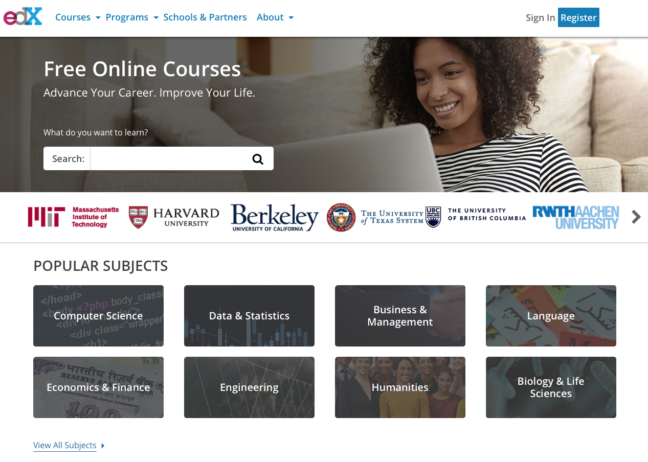 Screenshot of the edX home page at https://www.edx.org.