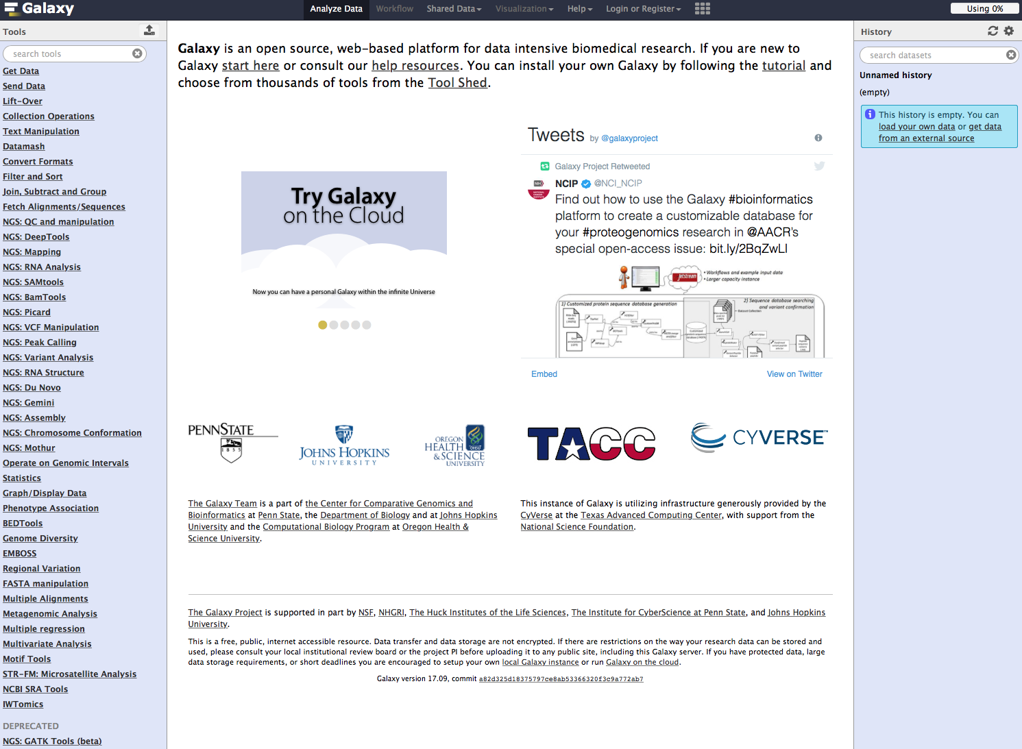 Screenshot of the main Galaxy site at http://usegalaxy.org.