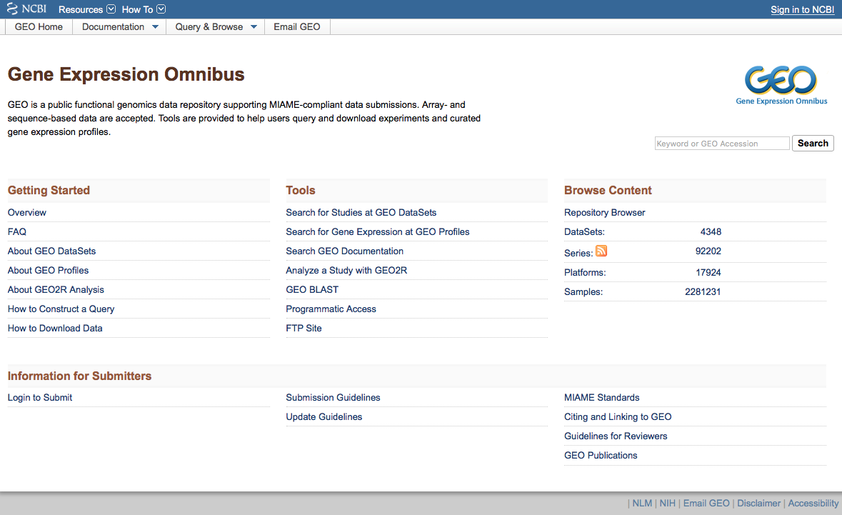 Screenshot of the GEO home page at https://www.ncbi.nlm.nih.gov/geo/.