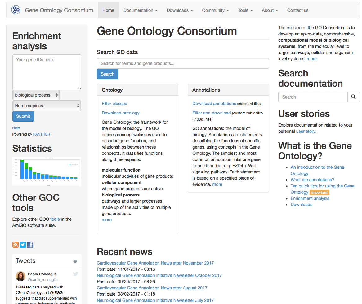 Screenshot of the Gene Ontology home page at http://www.geneontology.org.