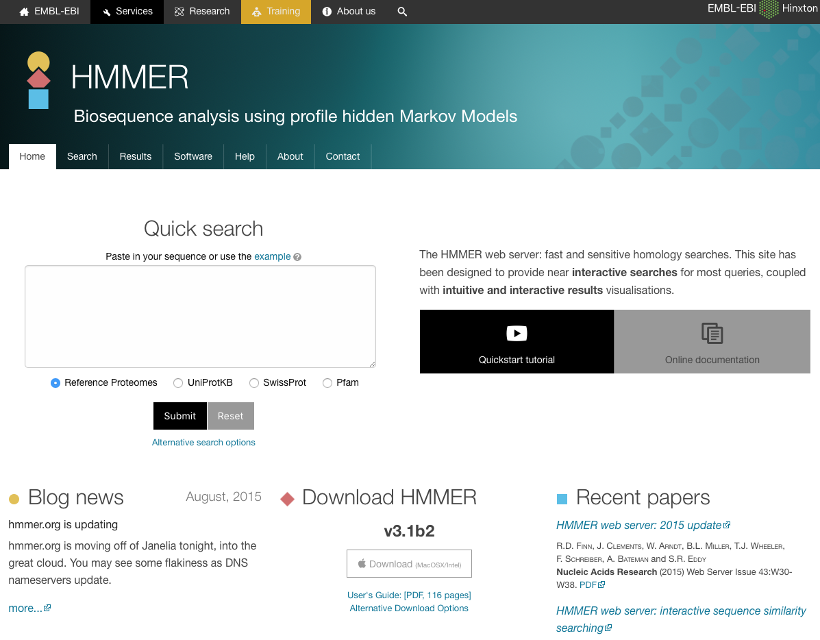 Screenshot of the Hmmer home page at https://www.ebi.ac.uk/Tools/hmmer.