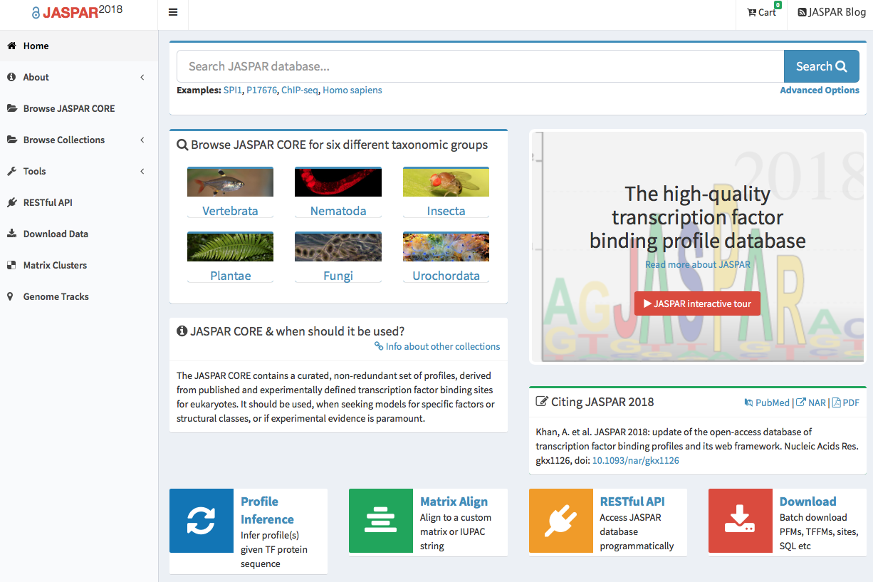 Screenshot of the Jaspar home page at http://jaspar.genereg.net.