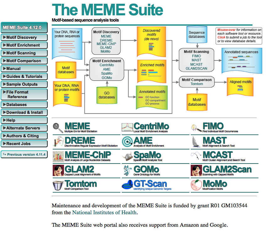 Screenshot of the MEME-suite home page at http://meme-suite.org.