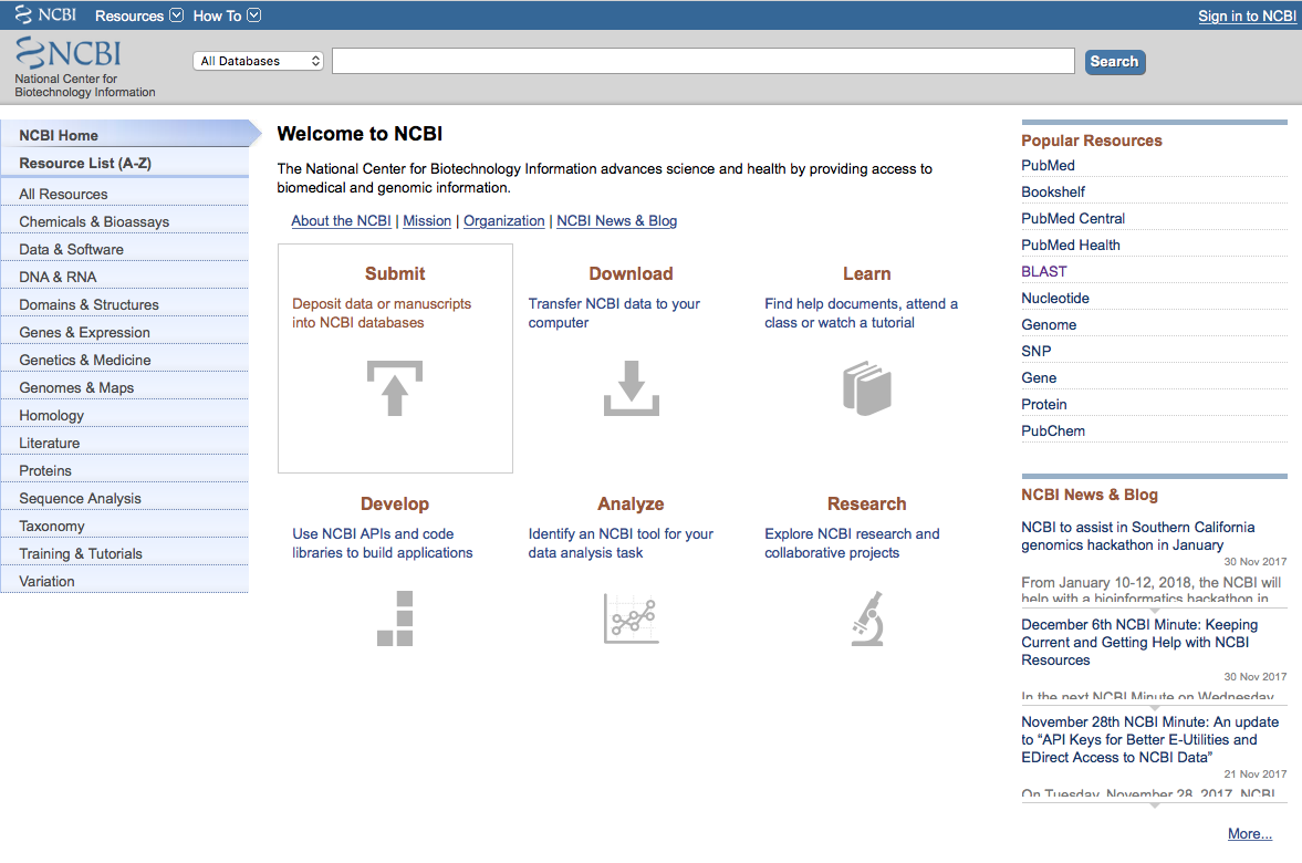 Screenshot of the NCBI home page at https://www.ncbi.nlm.nih.gov.