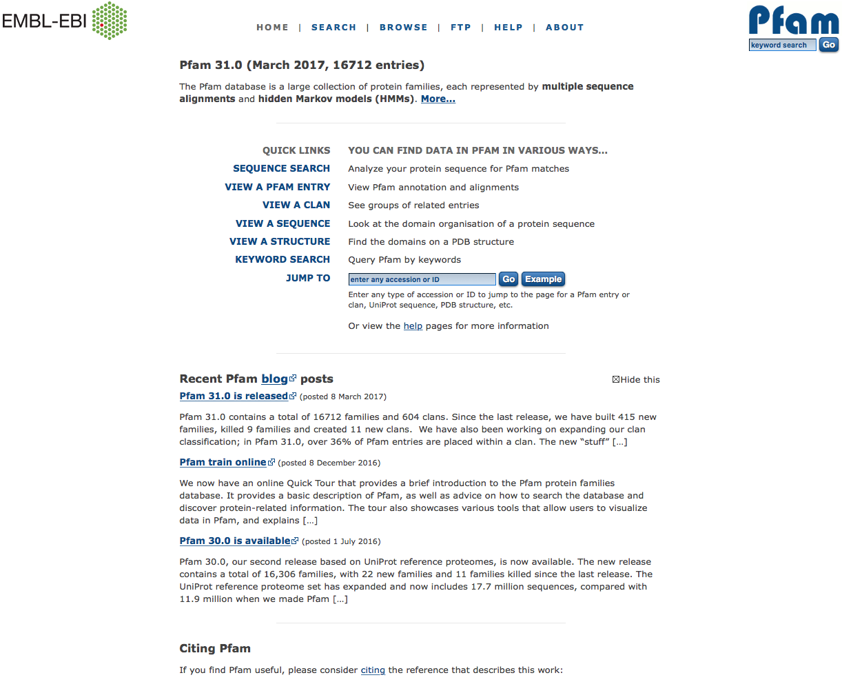 Screenshot of the Pfam home page at http://pfam.xfam.org.