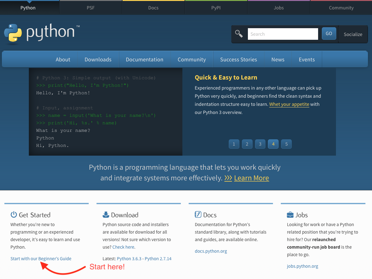 Screenshot of the Python home page at https://www.python.org.