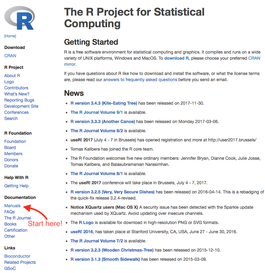 Screenshot of the R home page at https://www.r-project.org.