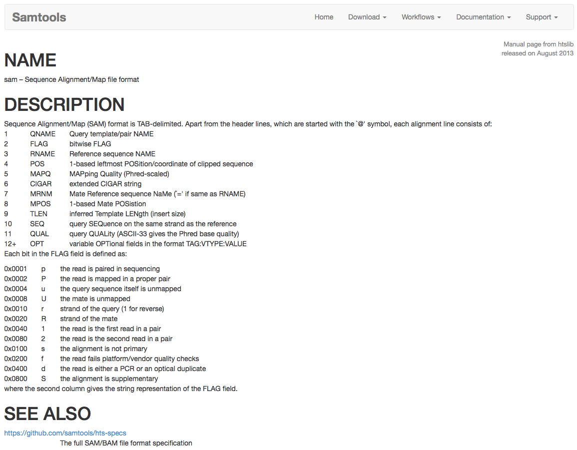 Screenshot of the SAM file format basic specification found at http://www.htslib.org/doc/sam.html.