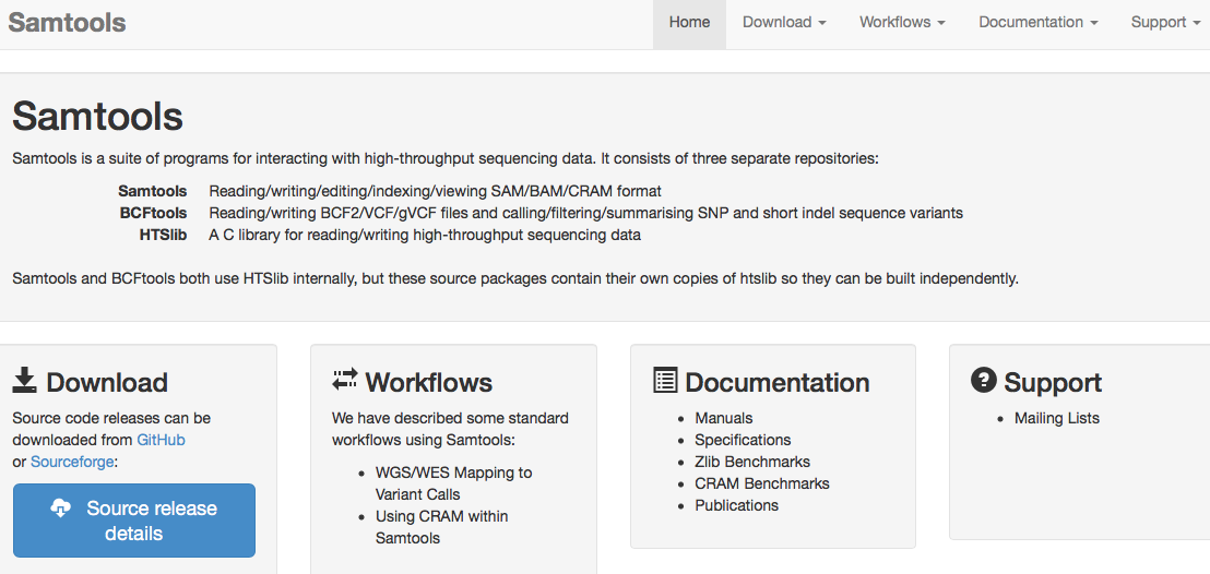 Screenshot of the samtools home page at http://www.htslib.org.