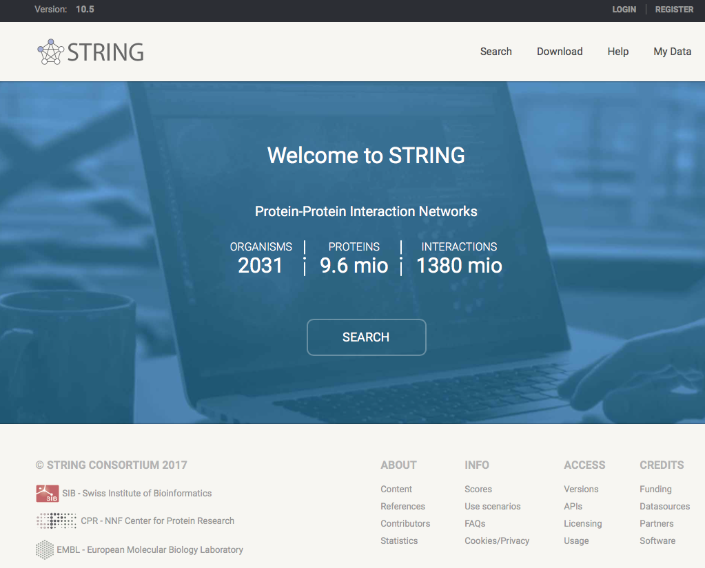 Screenshot of the STRING home page at https://string-db.org.