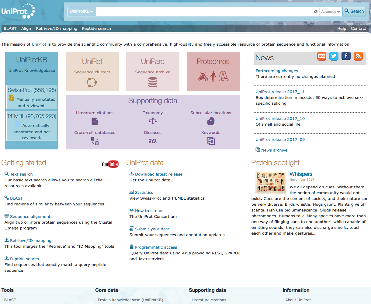 Screenshot of the Uniprot home page at http://www.uniprot.org.