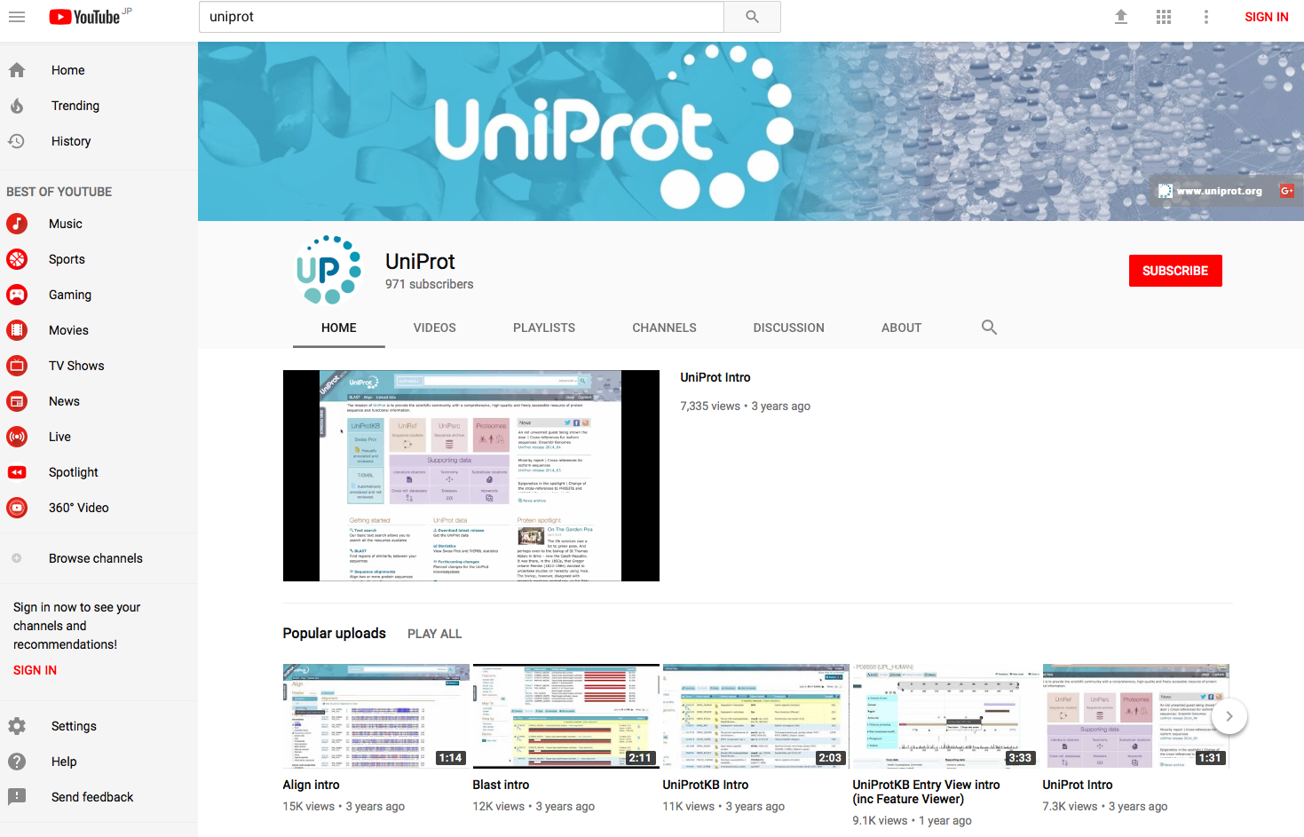 Screenshot of the Uniprot YouTube channel home page at https://www.youtube.com/user/uniprotvideos.